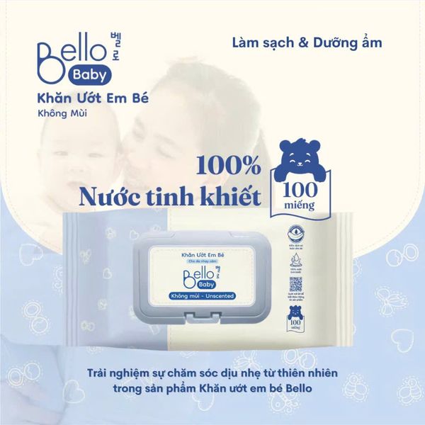  Khăn ướt Bello tinh khiết 100% cho bé (Không mùi) - 100 Tờ 