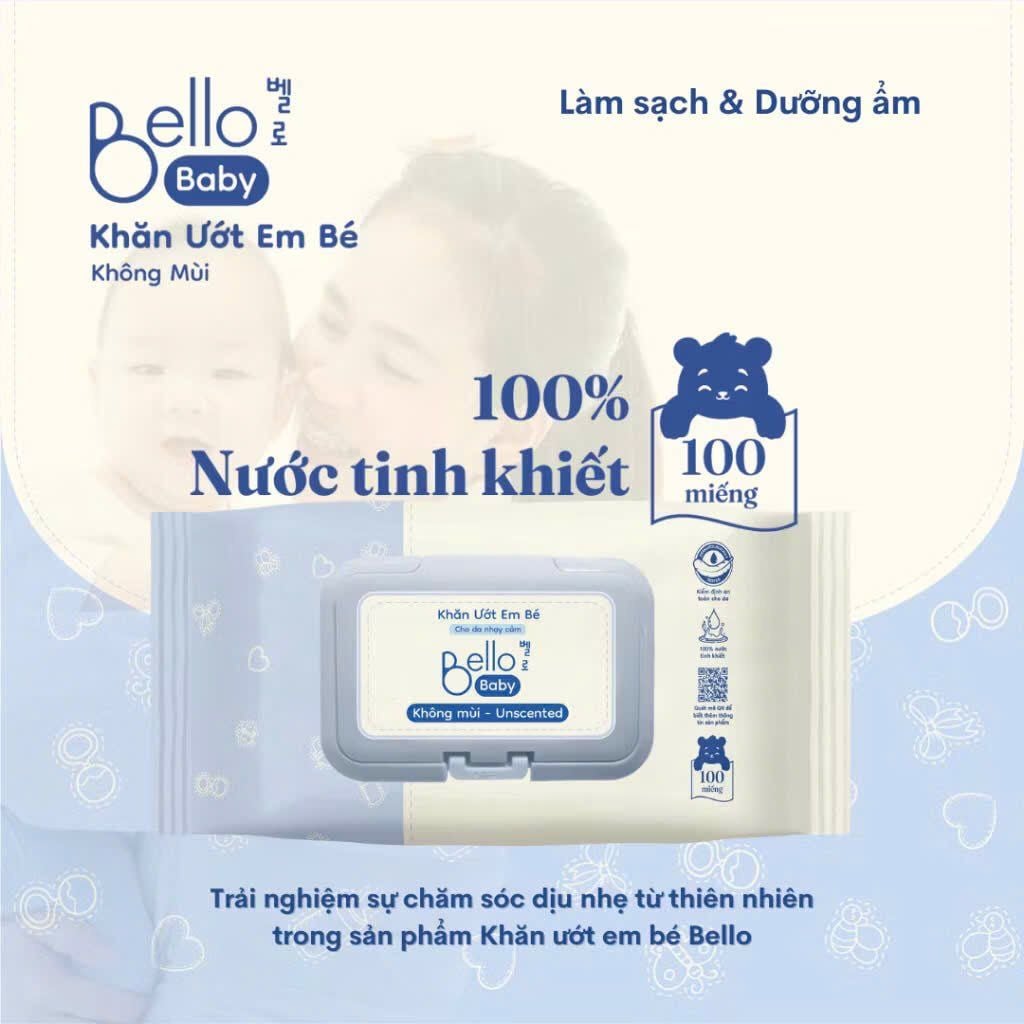  Khăn ướt Bello tinh khiết 100% cho bé (Không mùi) - 100 Tờ 