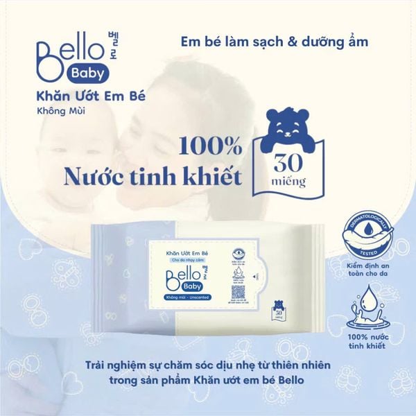  Khăn ướt Bello tinh khiết 100% cho bé (Không mùi) - 30 Tờ 