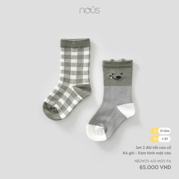 Set 2 đôi tất Nous cao cổ kẻ ghi - Xám hình mặt cáo 