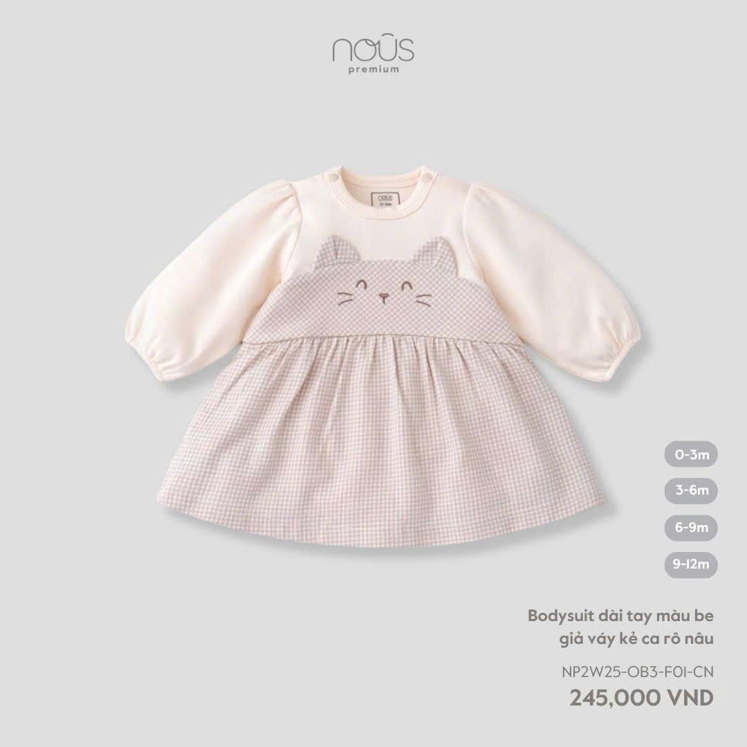  Bodysuit dài tay Nous màu be giả váy kẻ ca rô nâu 