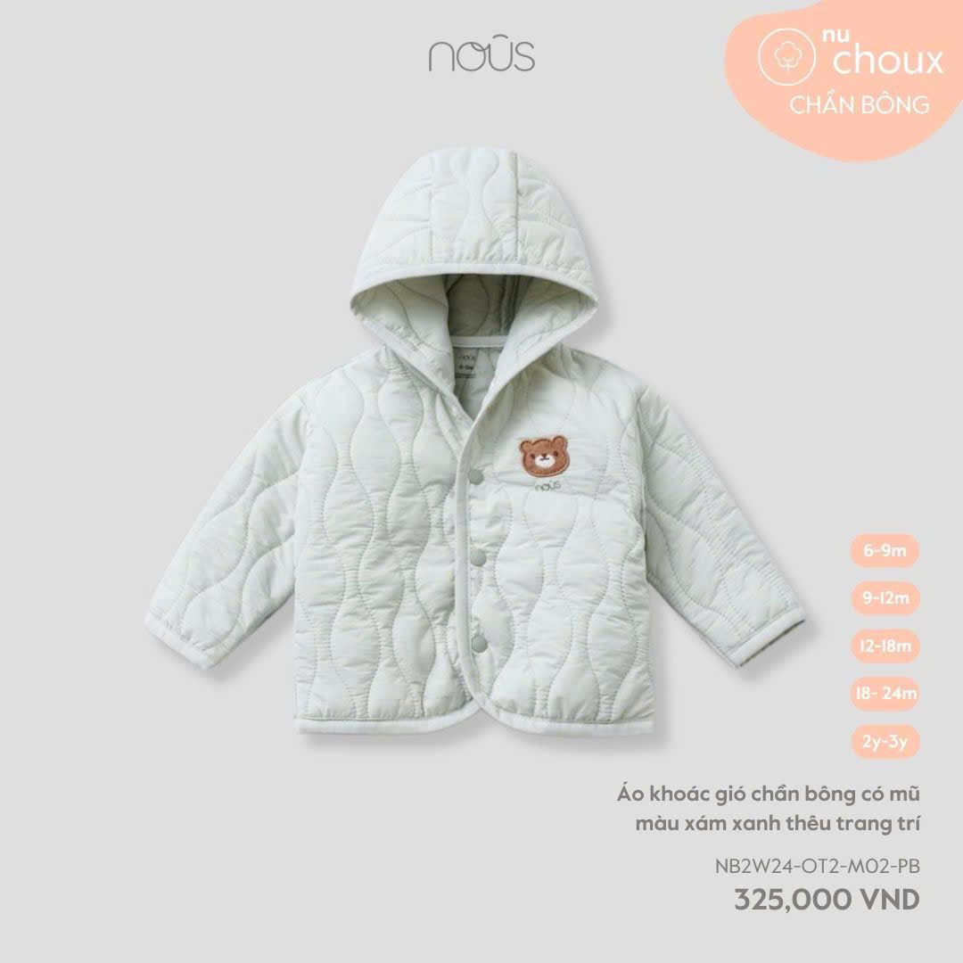  Áo khoác gió chần bông Nous có mũ màu xám xanh thêu trang trí 