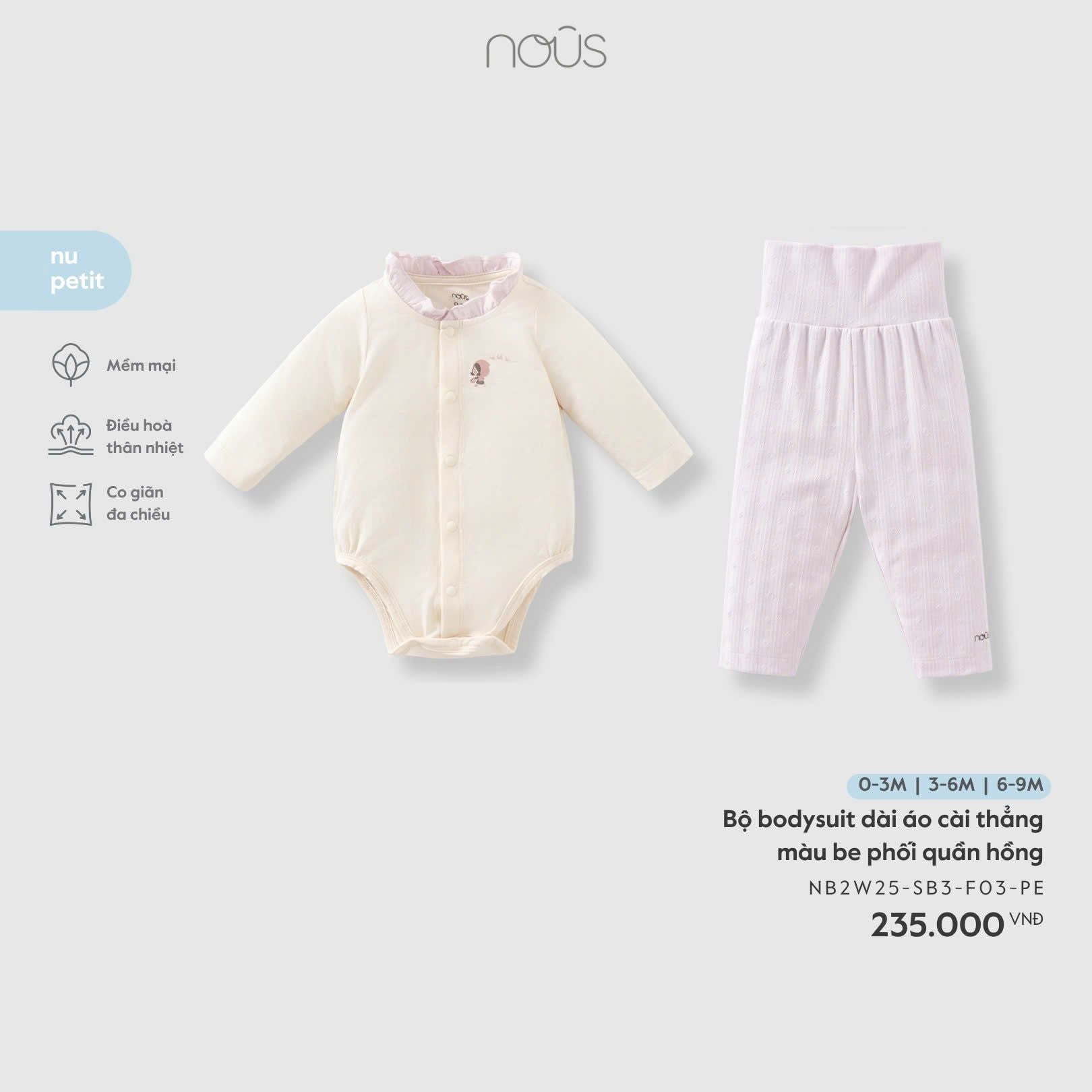  Bộ bodysuit dài Nous áo cài thẳng màu be phối quần hồng 