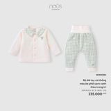  Bộ dài tay Nous cài thẳng màu be phối caro xanh thêu trang trí NB 