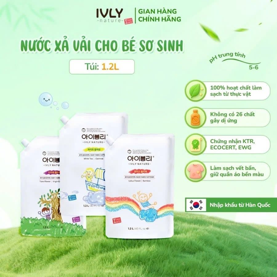  Nước Xả Vải Ivly Nature An Toàn Cho Bé 1.2L (Dạng Túi) 