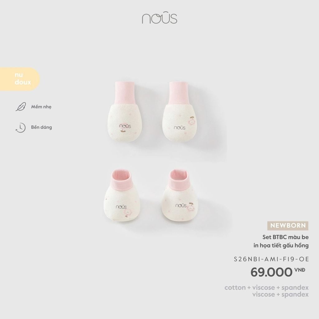  Set BTBC Nous màu be in hoạ tiết gấu hồng 