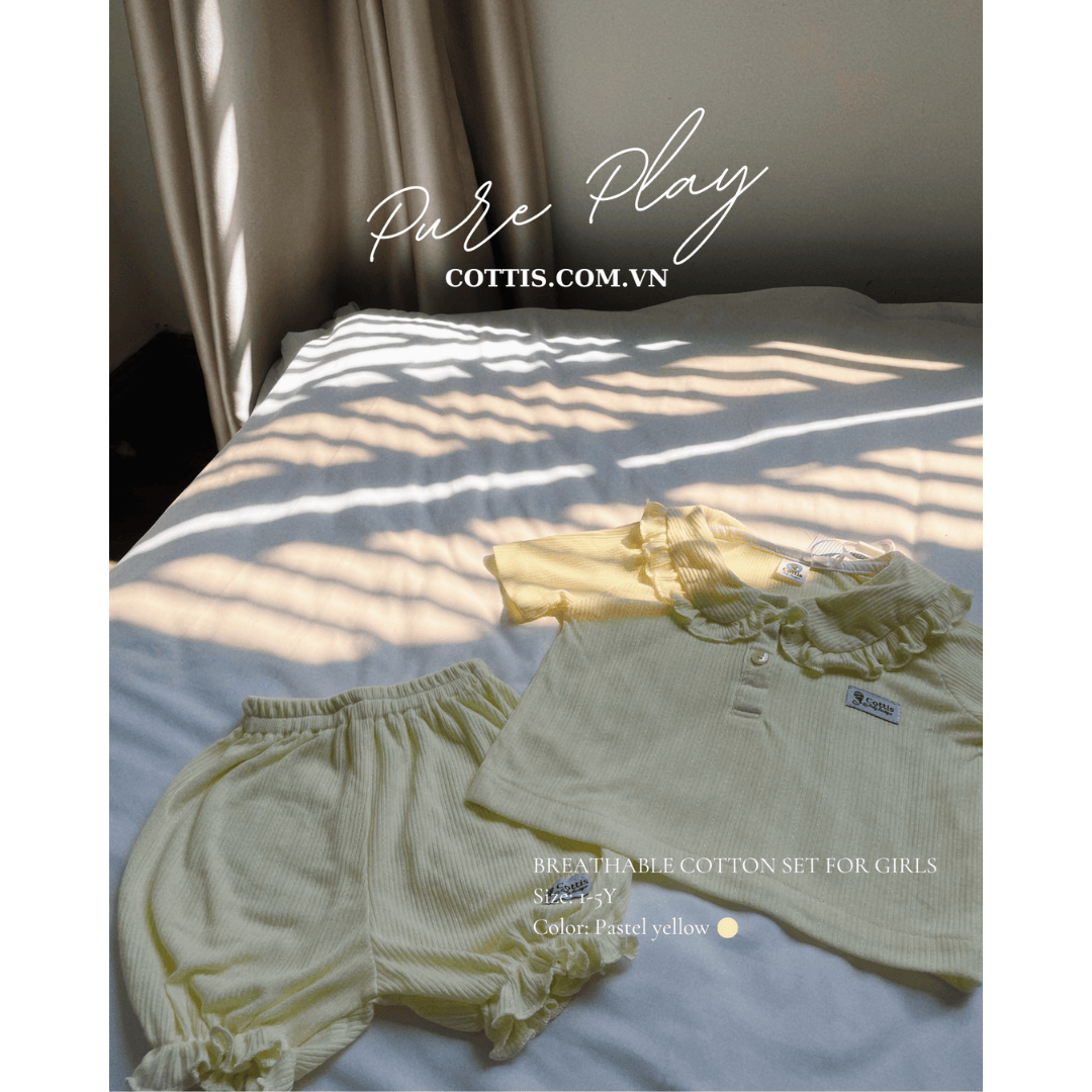  Bộ bé gái cotton thông hơi Cottis – Áo cổ bèo & quần short bồng bí mùa hè thoáng mát cho bé 1–5 tuổi – BST Pure Play 