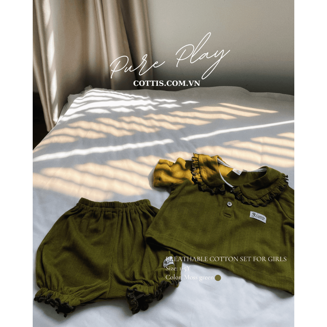  Bộ bé gái cotton thông hơi Cottis – Áo cổ bèo & quần short bồng bí mùa hè thoáng mát cho bé 1–5 tuổi – BST Pure Play 