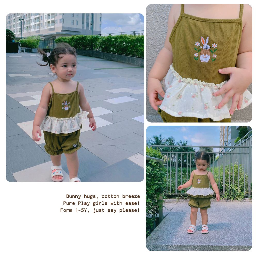  Bộ tank top thêu hình thỏ Cottis cotton thông hơi mùa hè xòe bồng điệu đàng cho bé gái Pure Play 