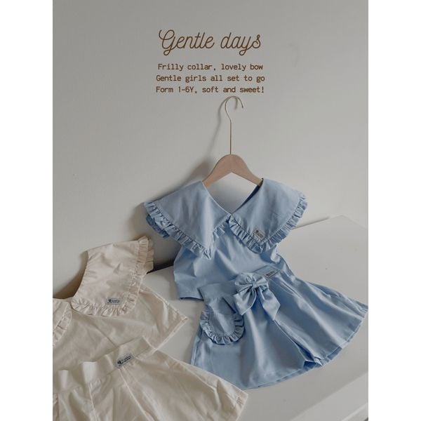  Set bé gái Cottis 3 chi tiết áo cổ bèo quần short kèm nơ điệu đà xinh xắn cho mùa hè Gentle Days 
