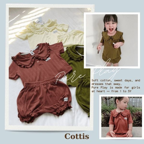  Bộ bé gái cotton thông hơi Cottis – Áo cổ bèo & quần short bồng bí mùa hè thoáng mát cho bé 1–5 tuổi – BST Pure Play 