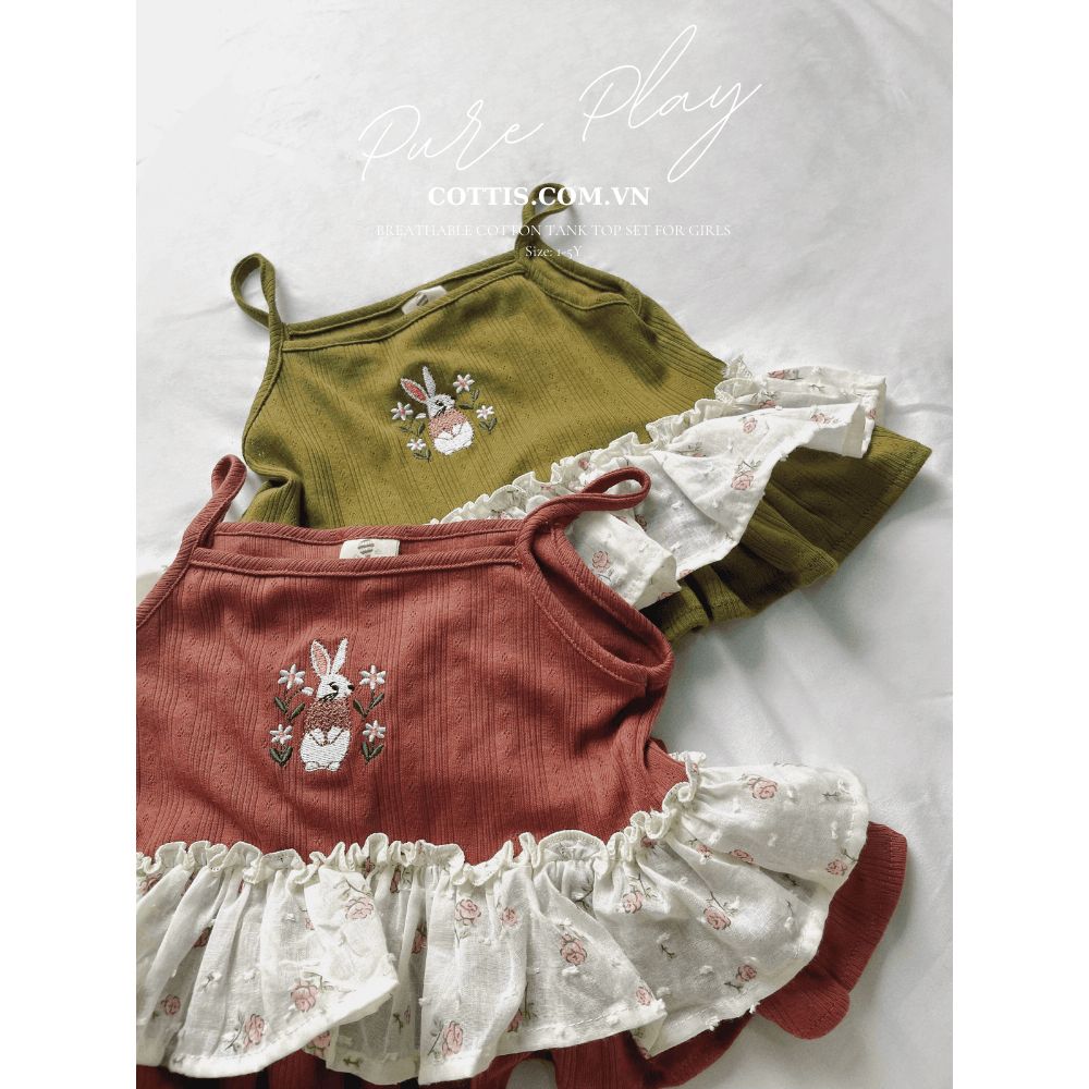  Bộ tank top thêu hình thỏ Cottis cotton thông hơi mùa hè xòe bồng điệu đàng cho bé gái Pure Play 