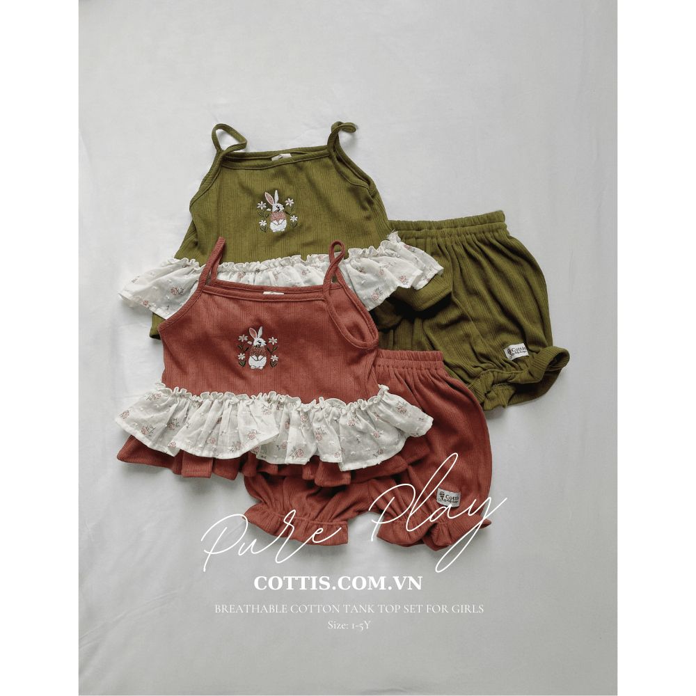  Bộ tank top thêu hình thỏ Cottis cotton thông hơi mùa hè xòe bồng điệu đàng cho bé gái Pure Play 