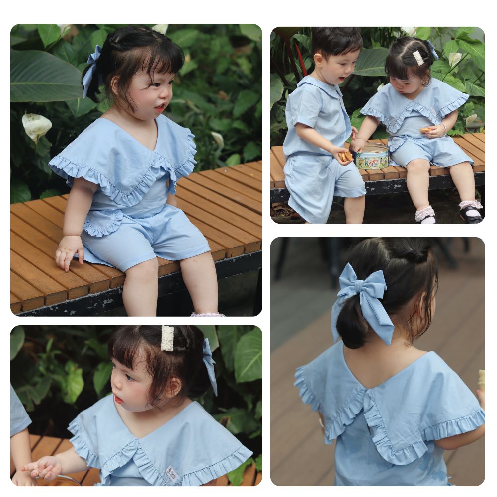  Set bé gái Cottis 3 chi tiết áo cổ bèo quần short kèm nơ điệu đà xinh xắn cho mùa hè Gentle Days 
