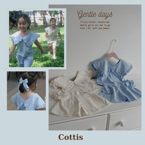  Set bé gái Cottis 3 chi tiết áo cổ bèo quần short kèm nơ điệu đà xinh xắn cho mùa hè Gentle Days 