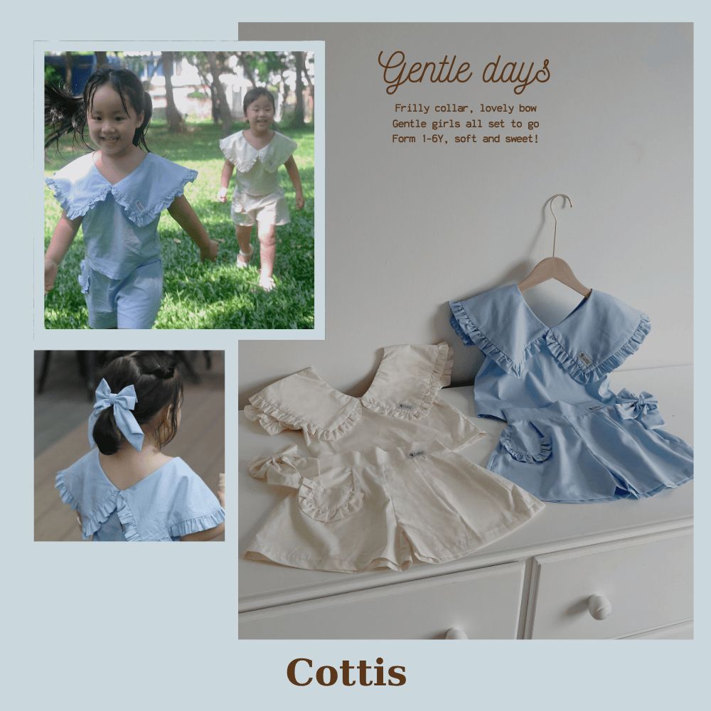  Set bé gái Cottis 3 chi tiết áo cổ bèo quần short kèm nơ điệu đà xinh xắn cho mùa hè Gentle Days 