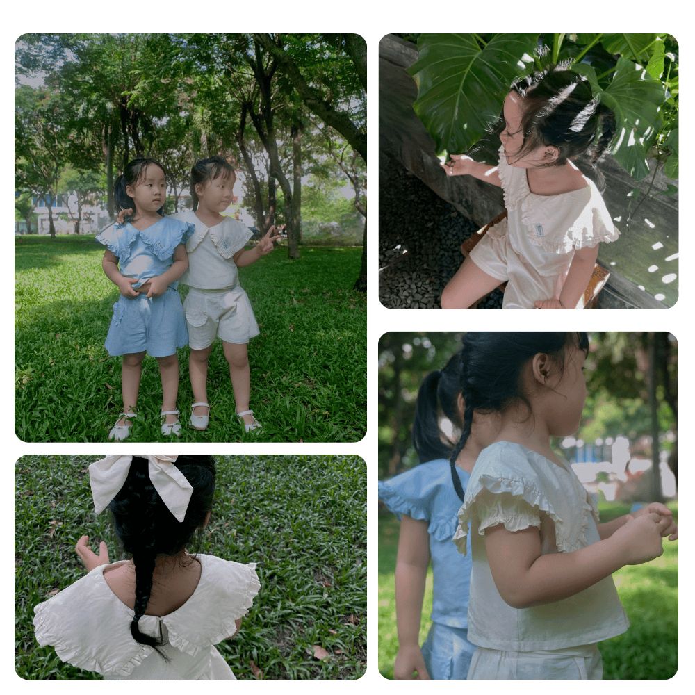  Set bé gái Cottis 3 chi tiết áo cổ bèo quần short kèm nơ điệu đà xinh xắn cho mùa hè Gentle Days 