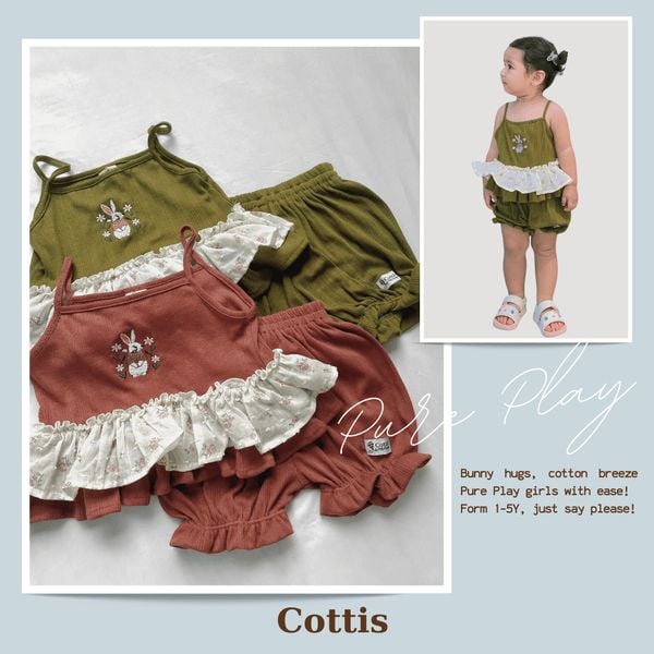  Bộ tank top thêu hình thỏ Cottis cotton thông hơi mùa hè xòe bồng điệu đàng cho bé gái Pure Play 