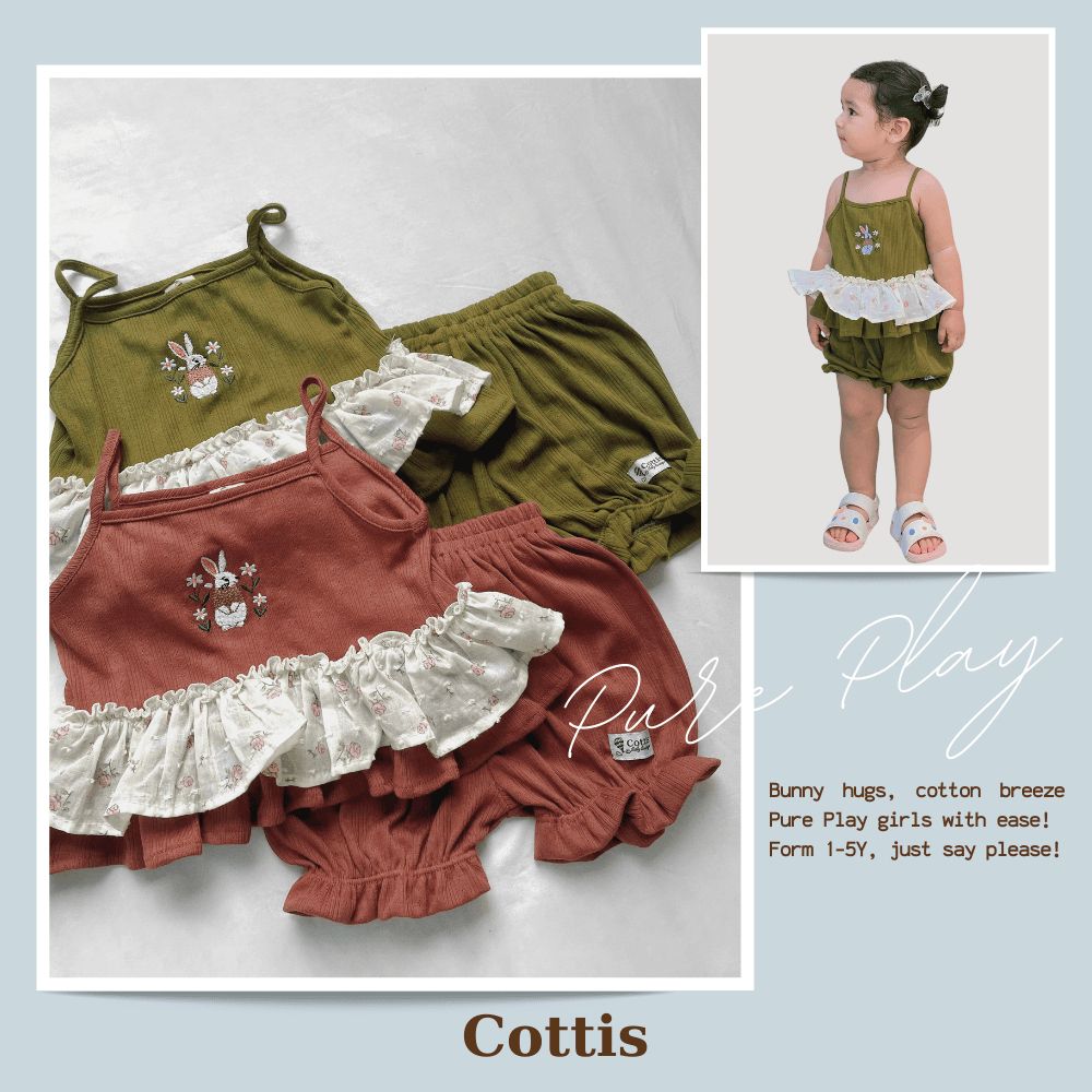  Bộ tank top thêu hình thỏ Cottis cotton thông hơi mùa hè xòe bồng điệu đàng cho bé gái Pure Play 