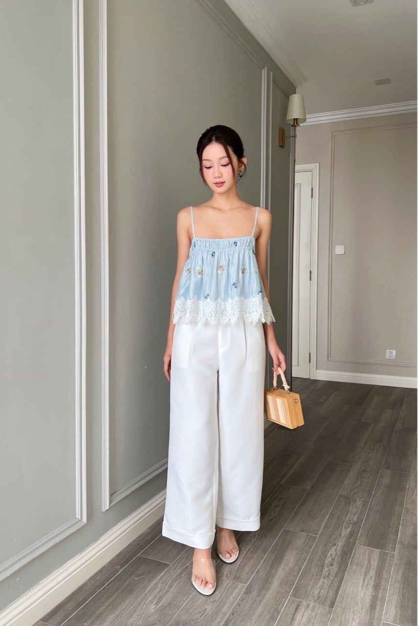  (MỚI) Áo 2 dây tơ thêu hoa xanh phối đăng 