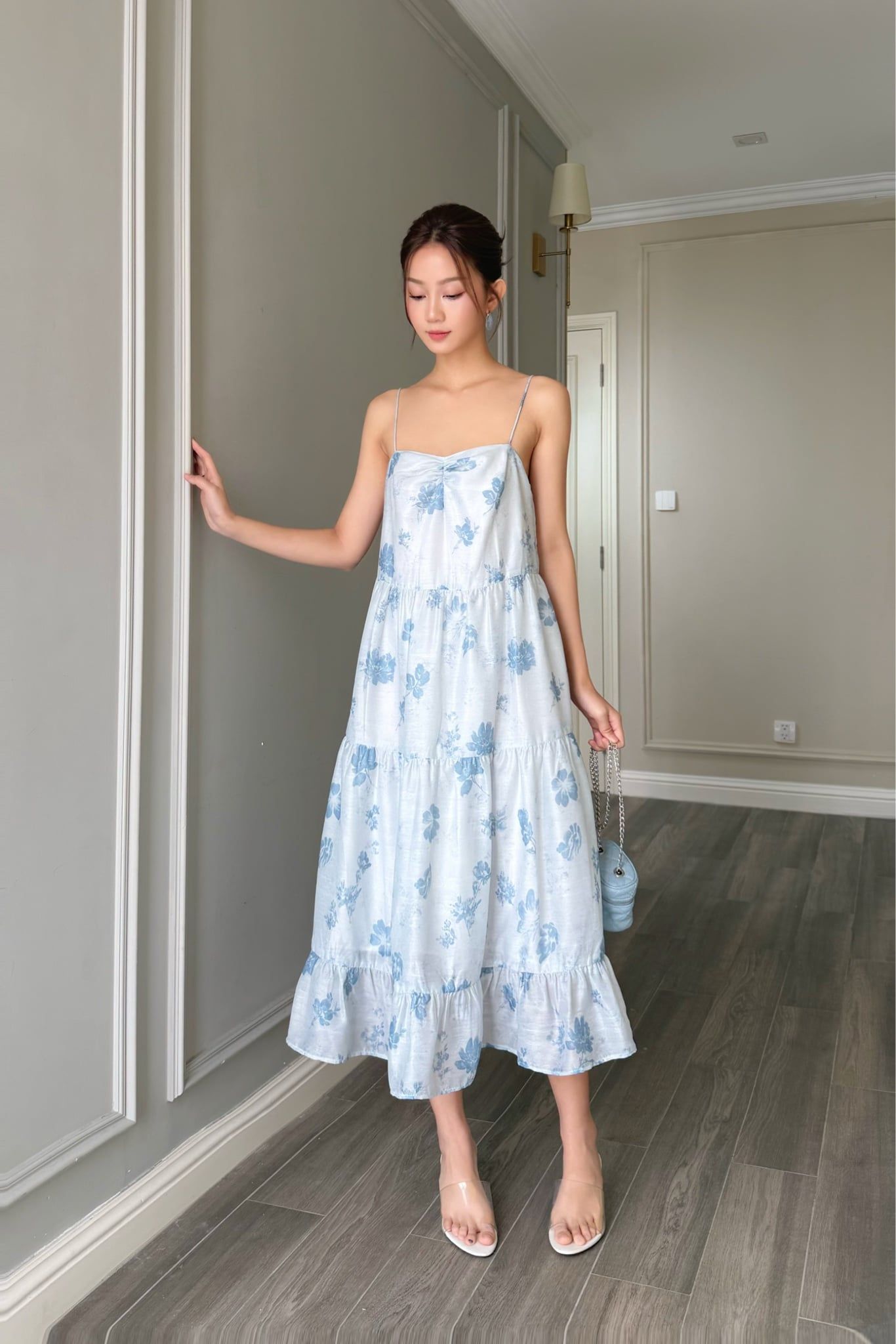  (MỚI) Đầm 2 dây maxi phối nhíu Hoa xanh 