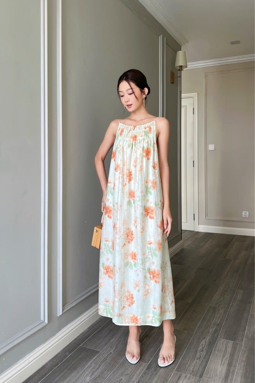 (MỚI) Đầm 2 dây maxi phối nhíu tơ boi hoa cam 