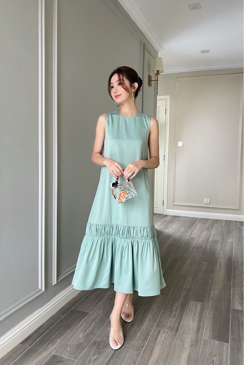  Đầm sát nách midi phối nhíu xếp Mint 