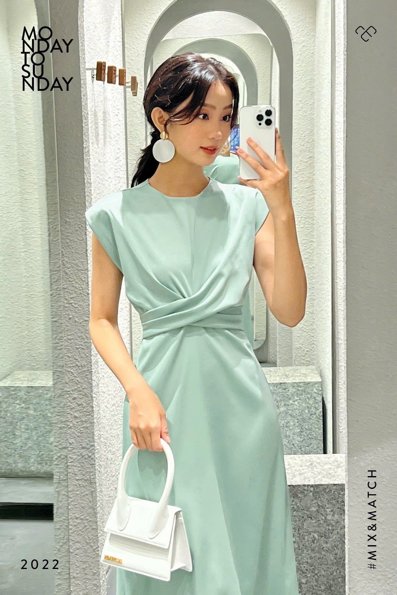 Đầm tay liền xoắn eo Mint 
