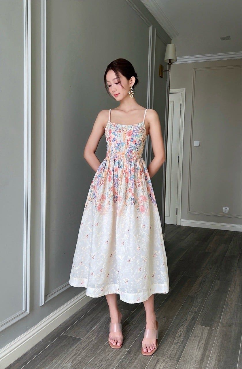  Đầm 2 dây corset hoa chân cam (dây có tăng đơ) 
