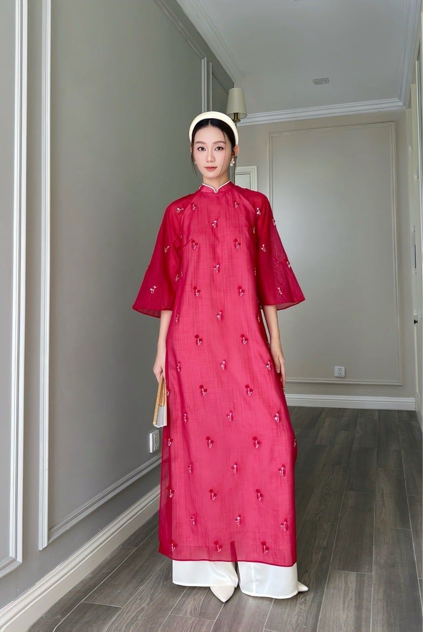  Set Áo dài đính cườm Đỏ đô (đã kèm quần) 