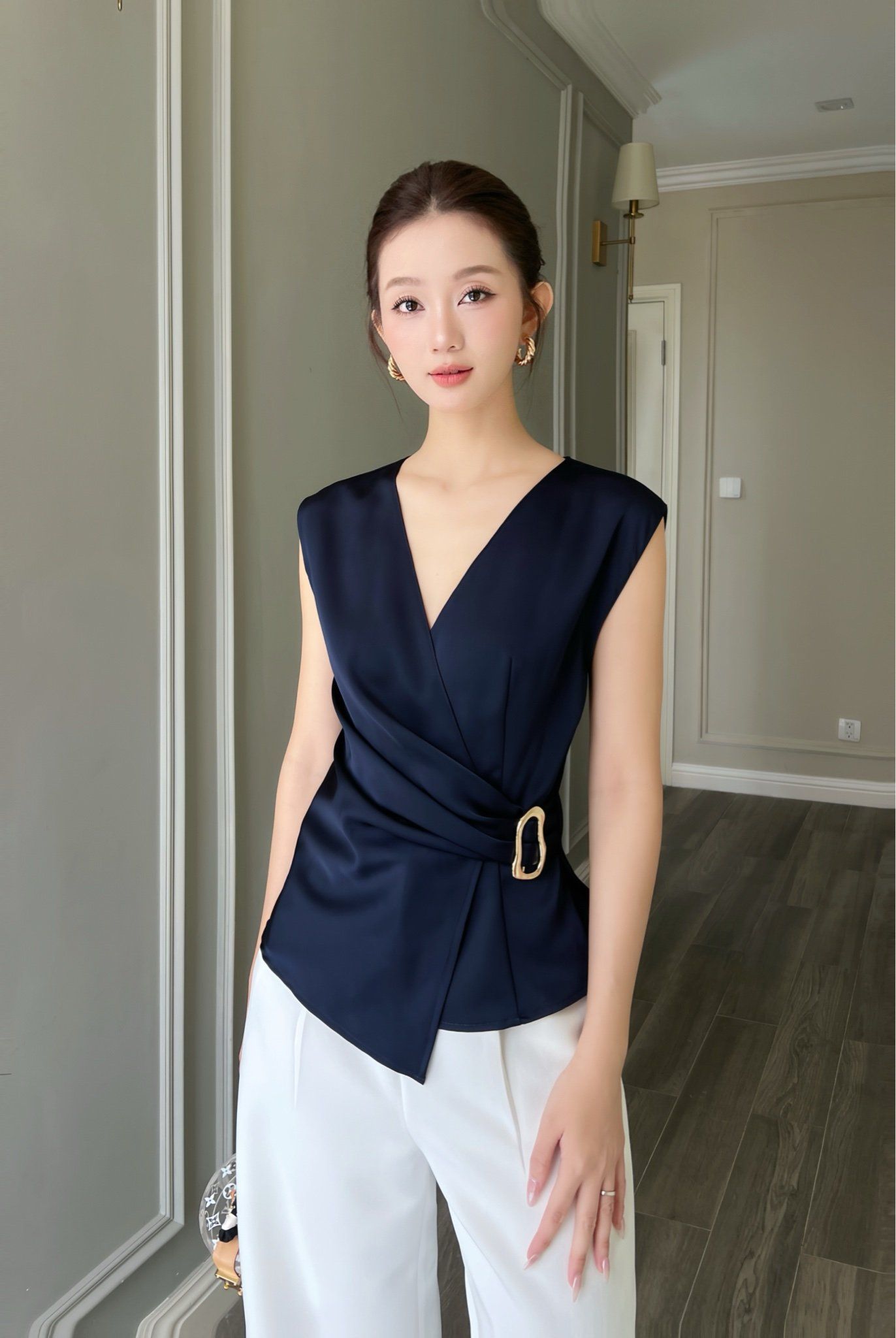  Áo tay liền wrap thắt đai Navy 