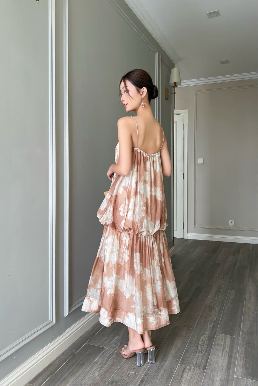  (MỚI) Đầm 2 dây maxi nhún thun cách điệu hoa xanh lá non 