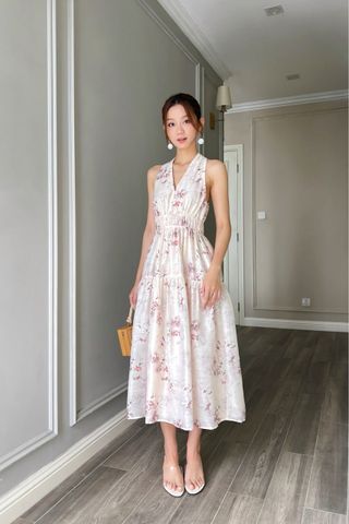  Đầm yếm chít li vai maxi phối nhíu hoa kem 
