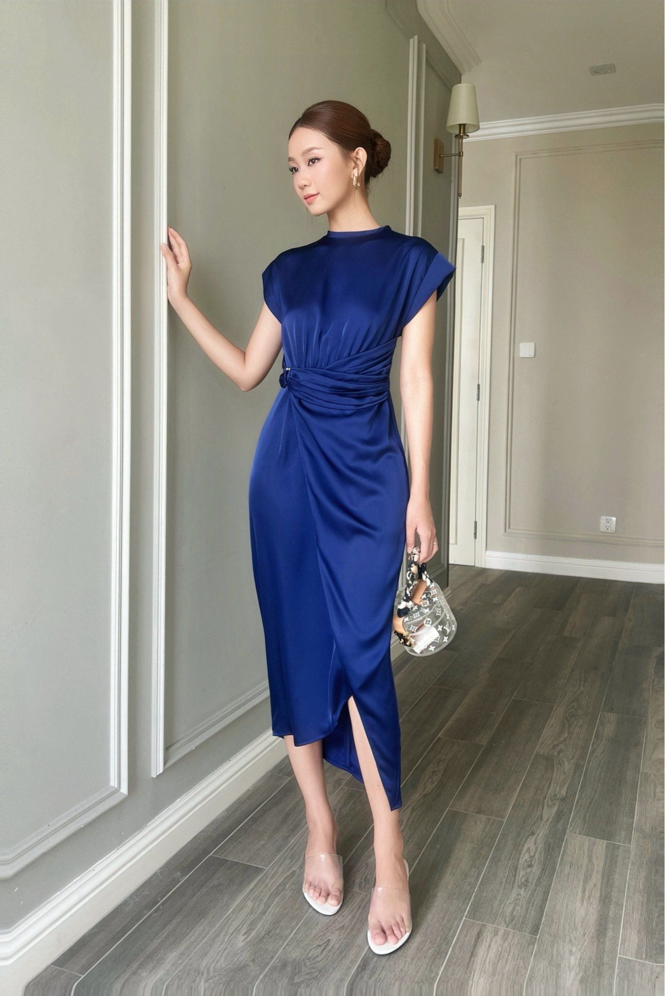  Đầm tay liền wrap phối khoen Navy 