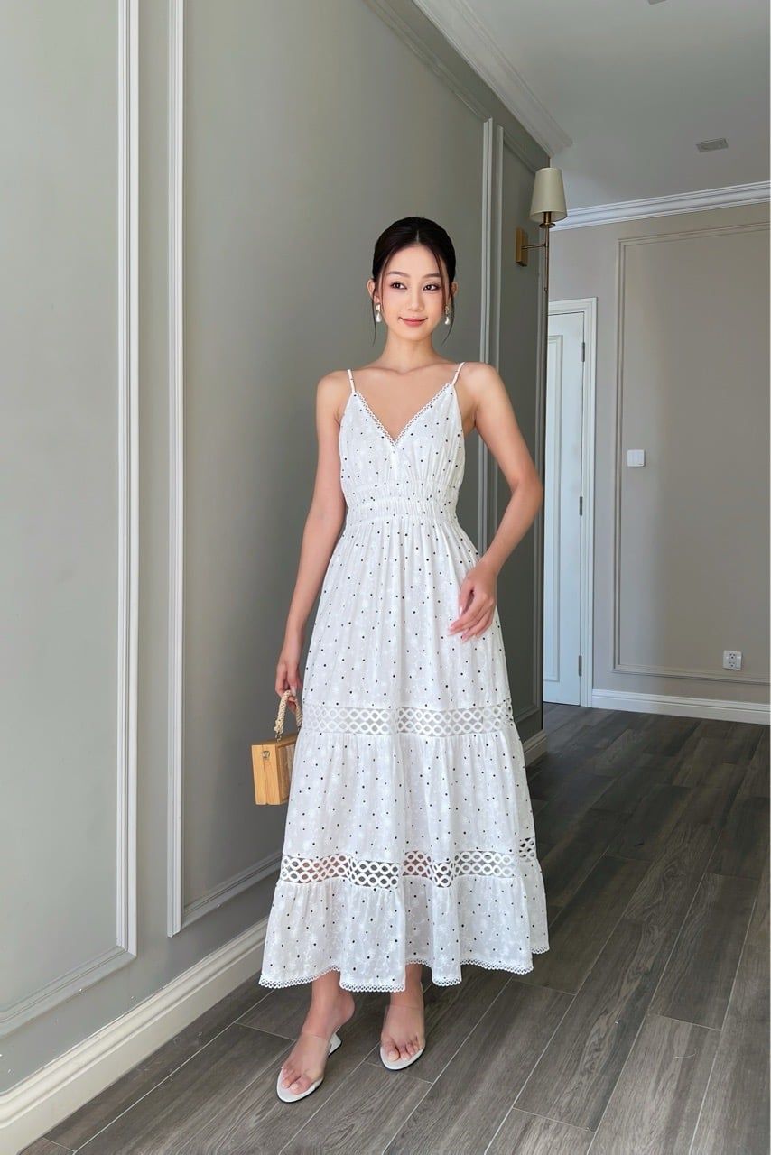  (MỚI) Đầm 2 dây maxi thêu chấm bi phối đăng 