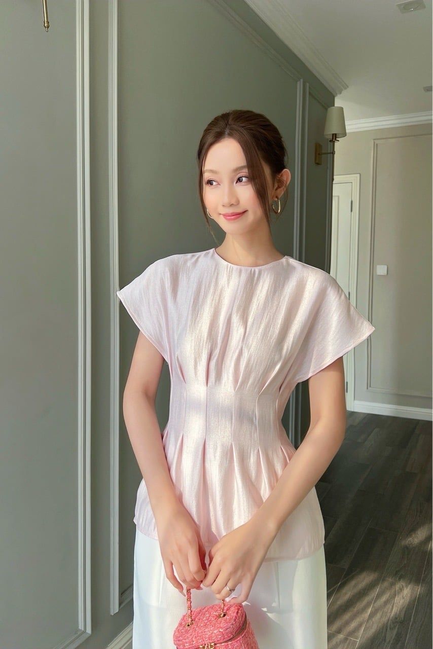  (MỚI) Áo tay liền chít li eo tơ Hồng 