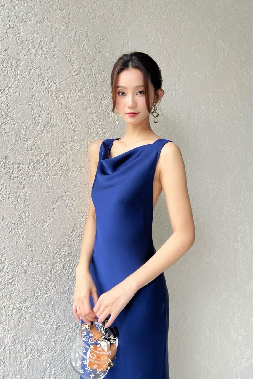  (NEW) Đầm sát nách cổ đổ hở lưng đan dây Navy 