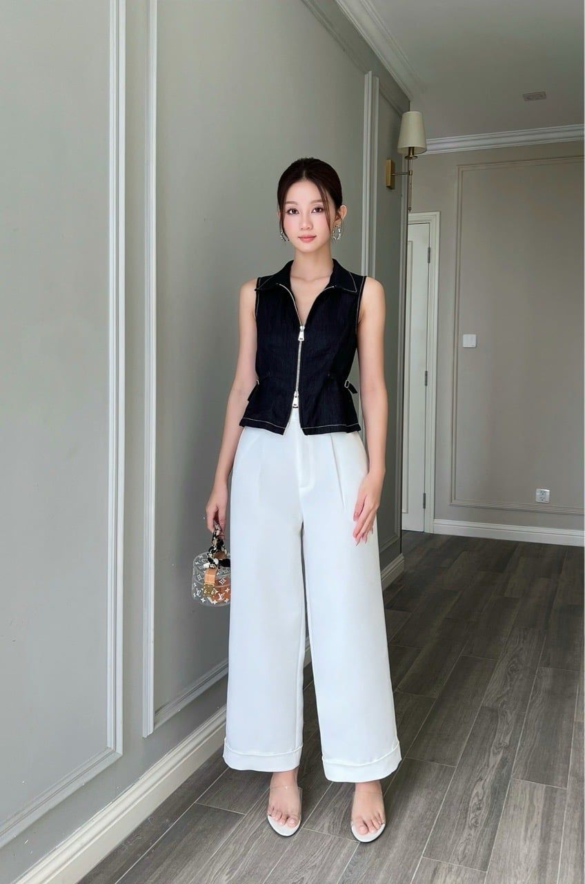  (MỚI) Áo sơmi crop phối dây kéo khoá Đen 