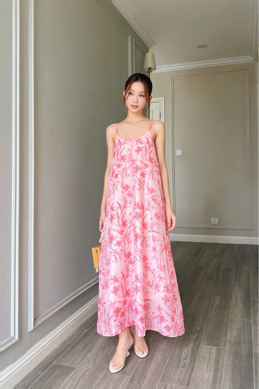  (MỚI) Đầm 2 dây xoè tơ hoa đỏ 