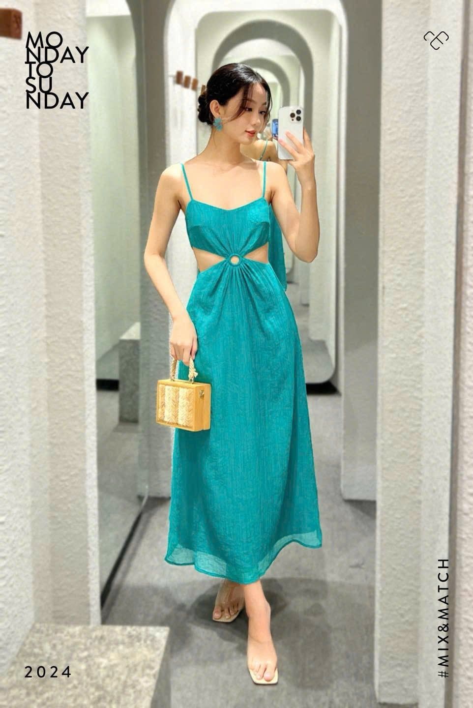  Đầm 2 dây maxi cut-out phối khoen Xanh cổ vịt 