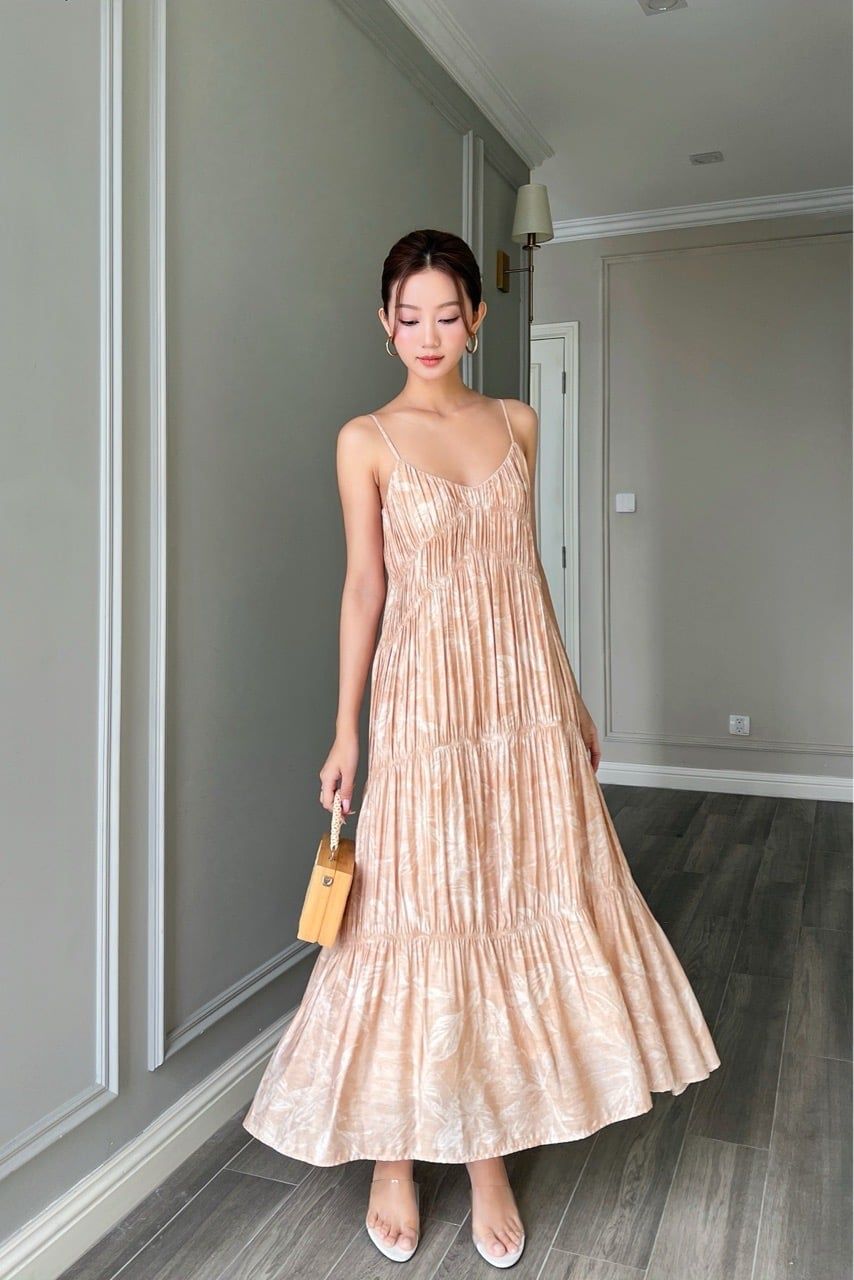  (MỚI) Đầm 2 dây maxi nhún thun cách điệu linen hoa be 