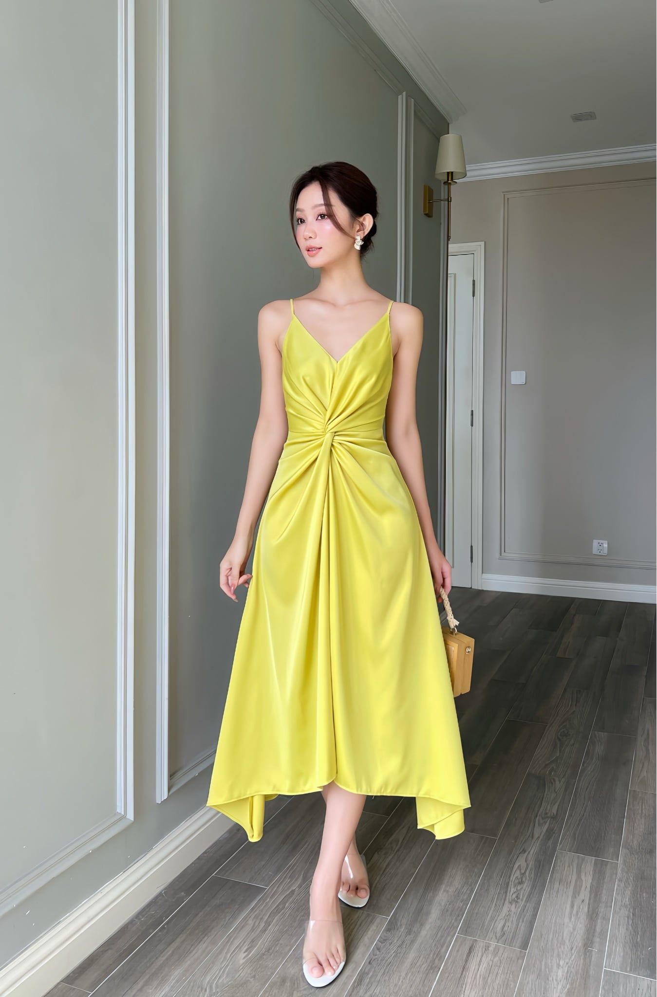  Đầm 2 dây lụa xoắn eo Vàng chanh 