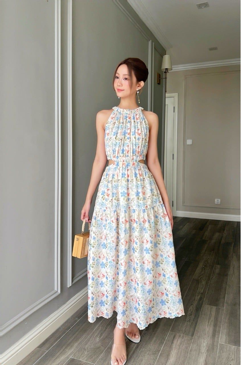  Đầm sát nách maxi cut-out Hoa xanh biển 