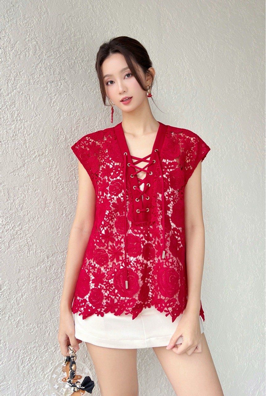  (NEW) Áo tay liền đan dây ren Đỏ đô 