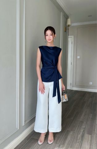  (MỚI) Áo cổ đổ thắt dây lụa vân mây Navy 