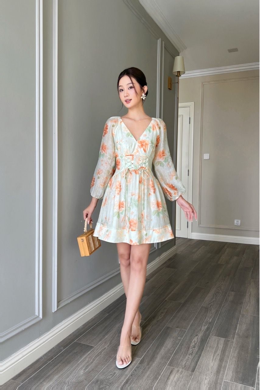  (MỚI) Đầm tay dài corset tơ boi hoa cam 
