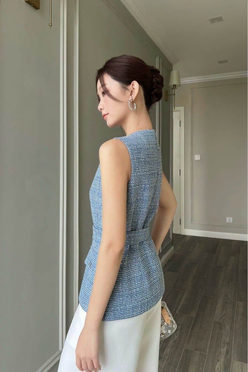  (MỚI) Áo sát nách thắt dây tweed Xanh đậm 