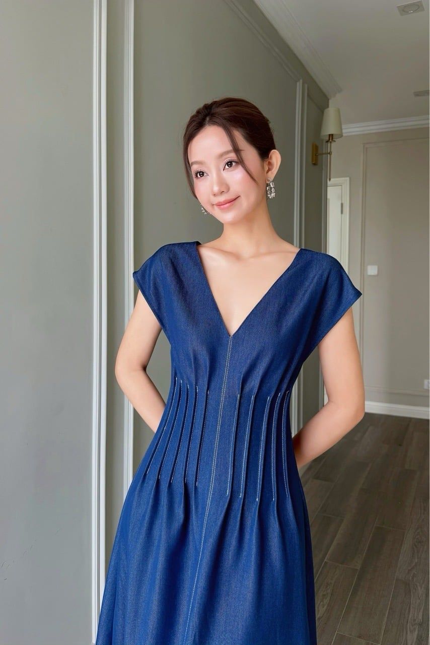  Đầm tay liền denim chỉ nổi trắng 