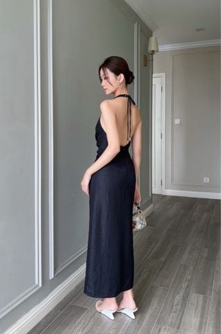  (MỚI) Đầm yếm xoắn eo hở lưng Đen 