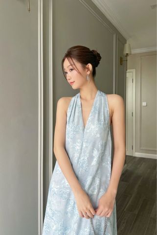  (MỚI) Đầm yếm chít li vai tơ gân Xanh 